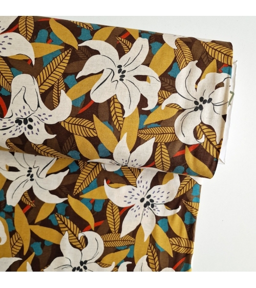 Tela japonesa algodón-lino con flores de lirio exótico en tostados
