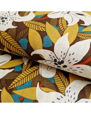 Tela japonesa algodón-lino con flores de lirio exótico en tostados
