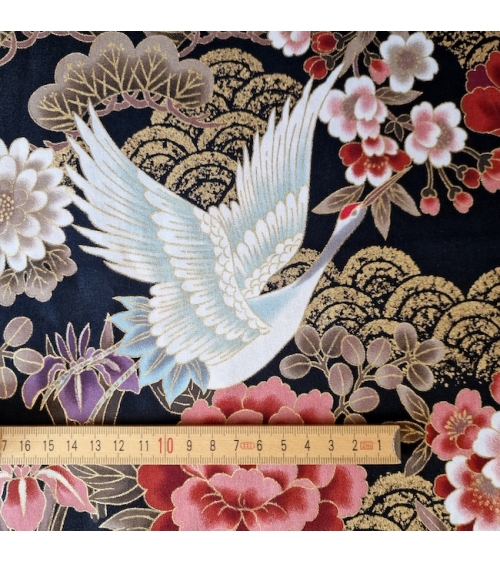 Japanese fabric 'Tsuru to botan' in red and violet with golden details