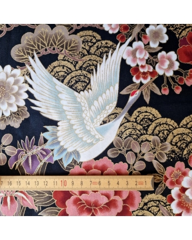 Japanese fabric 'Tsuru to botan' in red and violet with golden details
