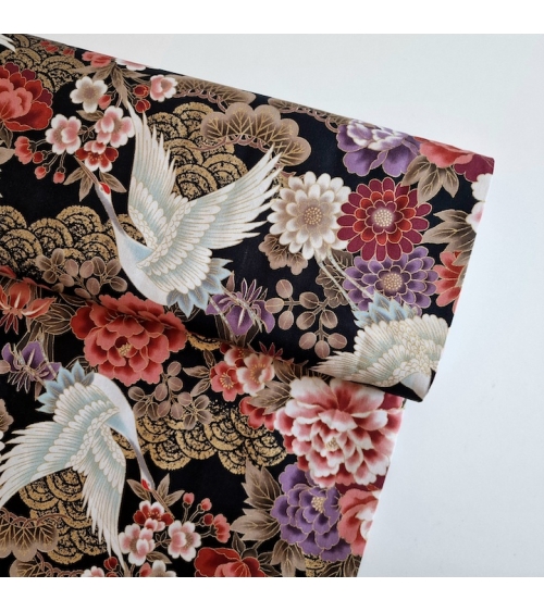 Japanese fabric 'Tsuru to botan' in red and violet with golden details