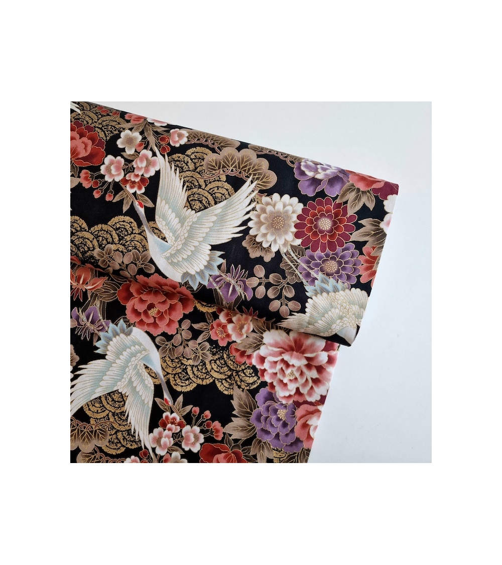 Japanese fabric 'Tsuru to botan' in red and violet with golden details