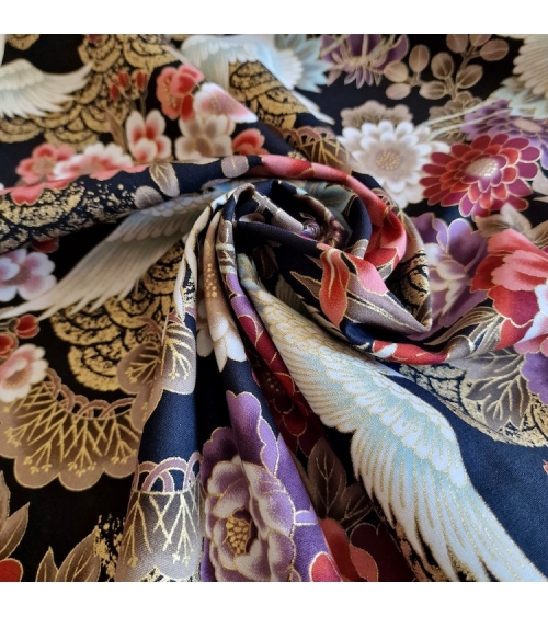 Japanese fabric 'Tsuru to botan' in red and violet with golden details