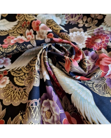 Japanese fabric 'Tsuru to botan' in red and violet with golden details