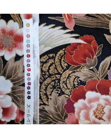 Japanese fabric 'Tsuru to botan' in red and violet with golden details