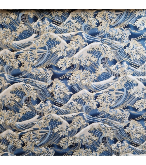 Tela de dobby japonés "La gran ola" en azul cobalto