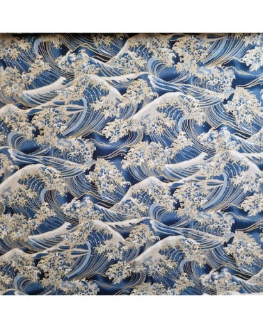 Tela de dobby japonés "La gran ola" en azul cobalto