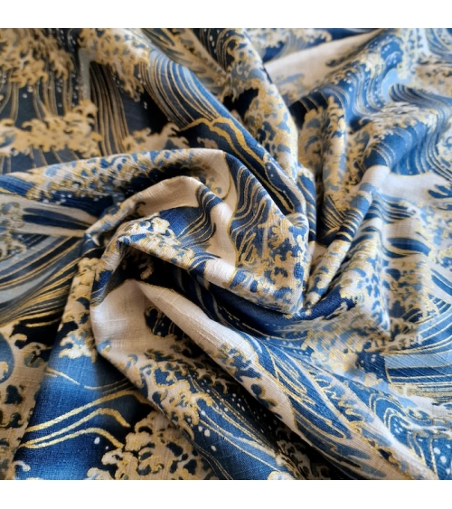 Tela de dobby japonés "La gran ola" en azul cobalto