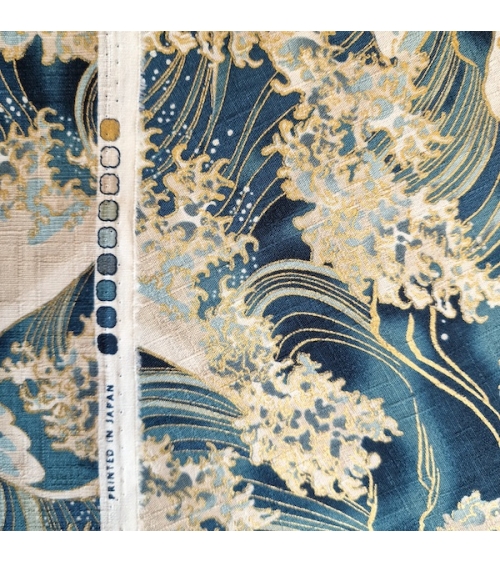 Tela de dobby japonés "La gran ola" en azul teal