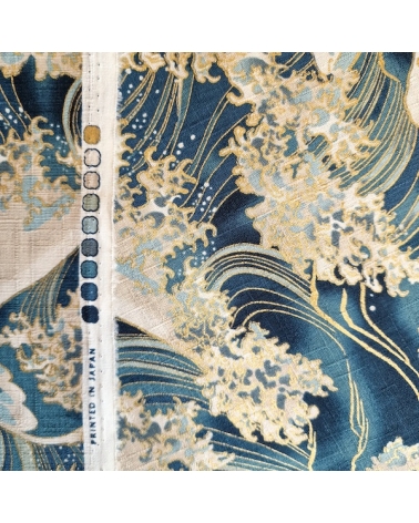 Tela de dobby japonés "La gran ola" en azul teal