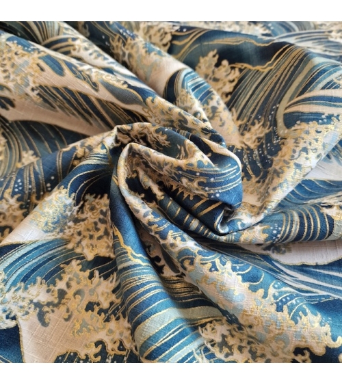 Tela de dobby japonés "La gran ola" en azul teal