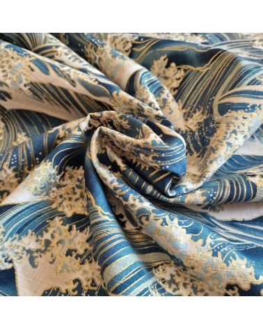 Tela de dobby japonés "La gran ola" en azul teal