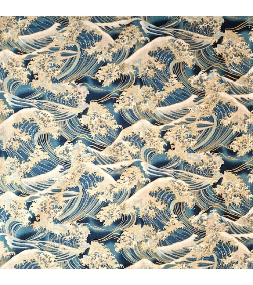 Tela de dobby japonés "La gran ola" en azul teal