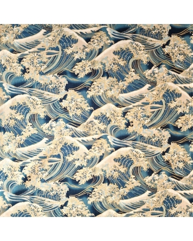 Tela de dobby japonés "La gran ola" en azul teal