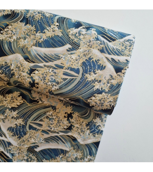 Japanese dobby fabric 'The Great Wave' in teal blue.