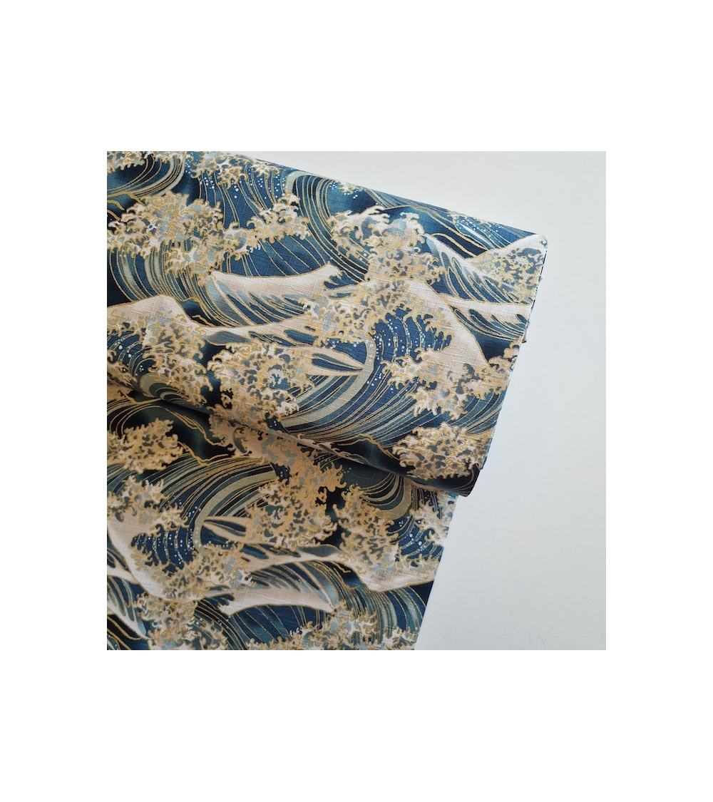 Japanese dobby fabric 'The Great Wave' in teal blue.