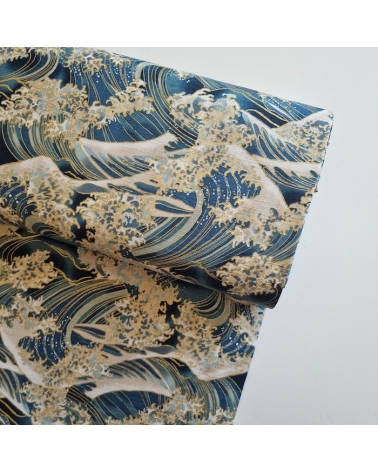 Tela de dobby japonés "La gran ola" en azul teal