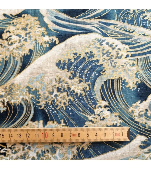 Tela de dobby japonés "La gran ola" en azul teal