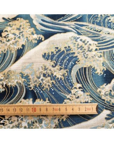 Tela de dobby japonés "La gran ola" en azul teal