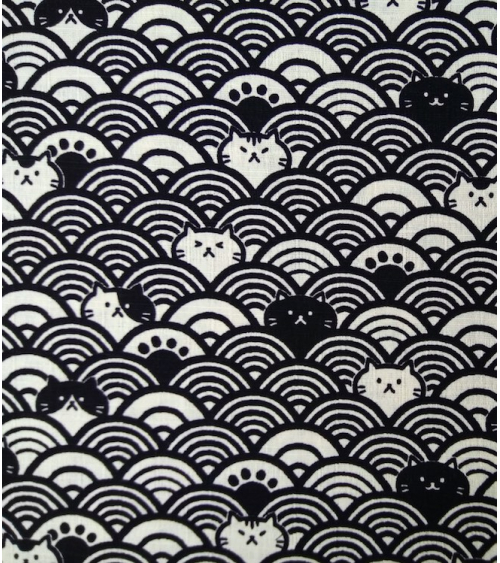 Dobby Japonés. Gatos y olas sobre blanco natural. dibujo 20% mas pequeño