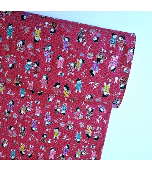 Japanese fabric Children at play in raspberry red and silver