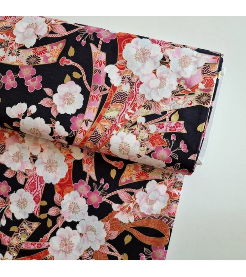 Light dobby fabric with sakuras and Tabane noshi on black.