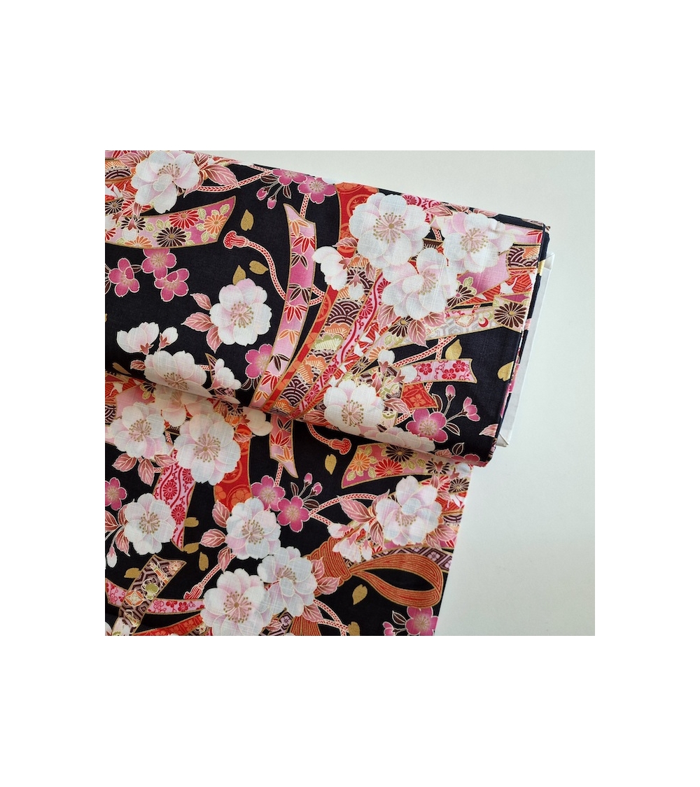 Light dobby fabric with sakuras and Tabane noshi on black.