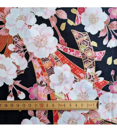 Light dobby fabric with sakuras and Tabane noshi on black.