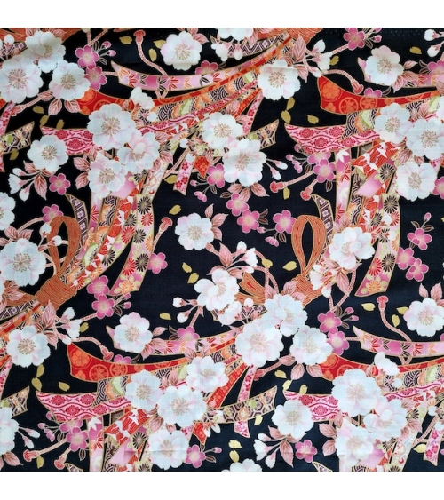Light dobby fabric with sakuras and Tabane noshi on black.