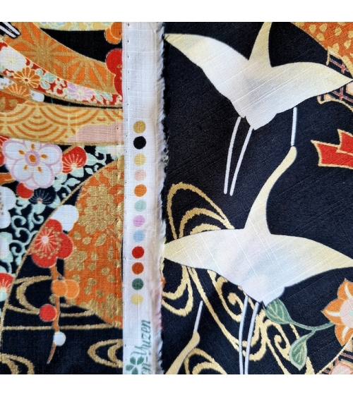 Light dobby fabric with cranes and Tabane noshi on black.