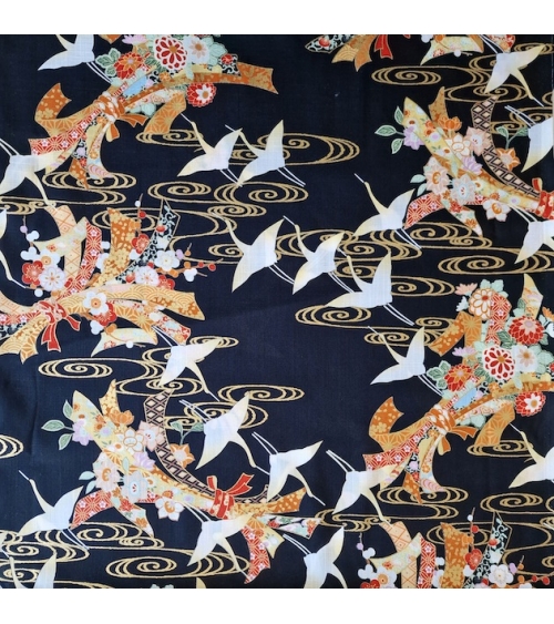 Light dobby fabric with cranes and Tabane noshi on black.