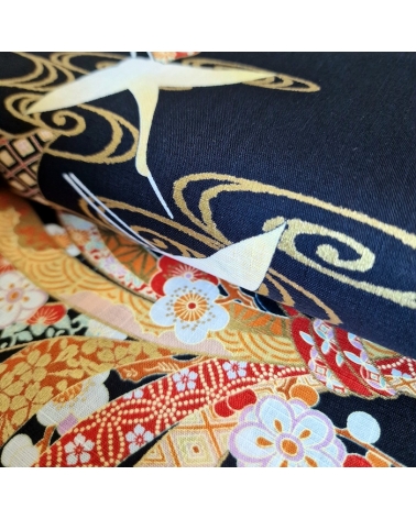 Light dobby fabric with cranes and Tabane noshi on black.