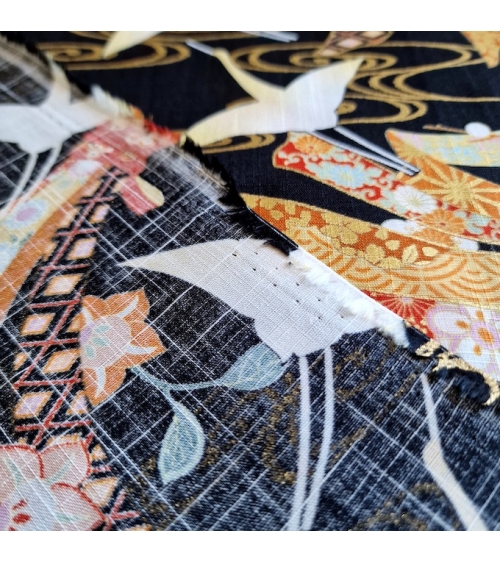 Light dobby fabric with cranes and Tabane noshi on black.