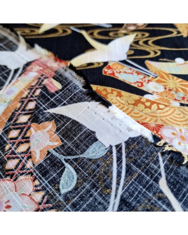 Light dobby fabric with cranes and Tabane noshi on black.