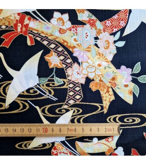 Light dobby fabric with cranes and Tabane noshi on black.