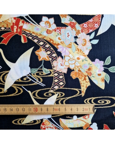 Light dobby fabric with cranes and Tabane noshi on black.