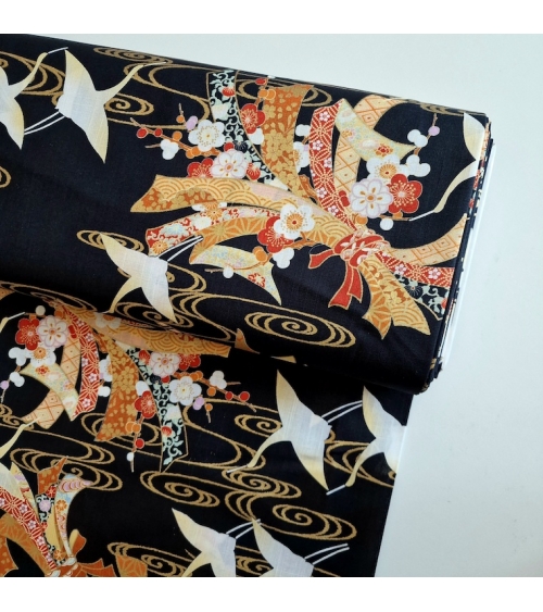 Light dobby fabric with cranes and Tabane noshi on black.