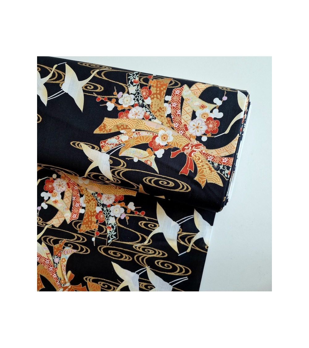 Light dobby fabric with cranes and Tabane noshi on black.