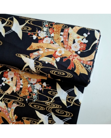 Light dobby fabric with cranes and Tabane noshi on black.