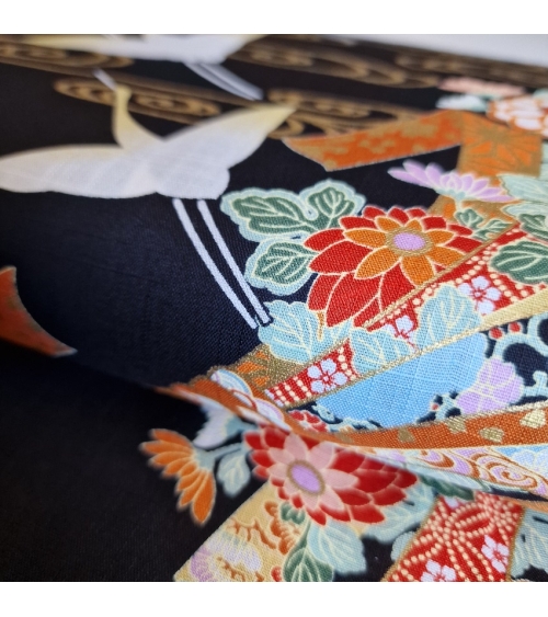 Light dobby fabric with cranes and Tabane noshi on black.