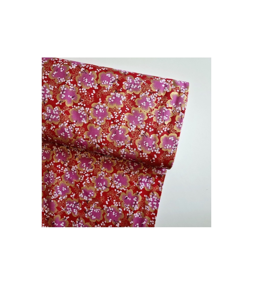 Japanese fabric ‘Sakura branches’ in red, fuchsia and gold
