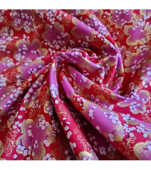 Japanese fabric ‘Sakura branches’ in red, fuchsia and gold