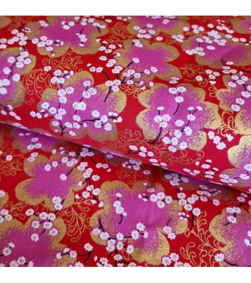 Japanese fabric ‘Sakura branches’ in red, fuchsia and gold