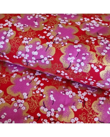 Japanese fabric ‘Sakura branches’ in red, fuchsia and gold