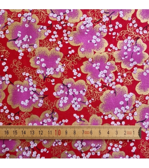 Japanese fabric ‘Sakura branches’ in red, fuchsia and gold
