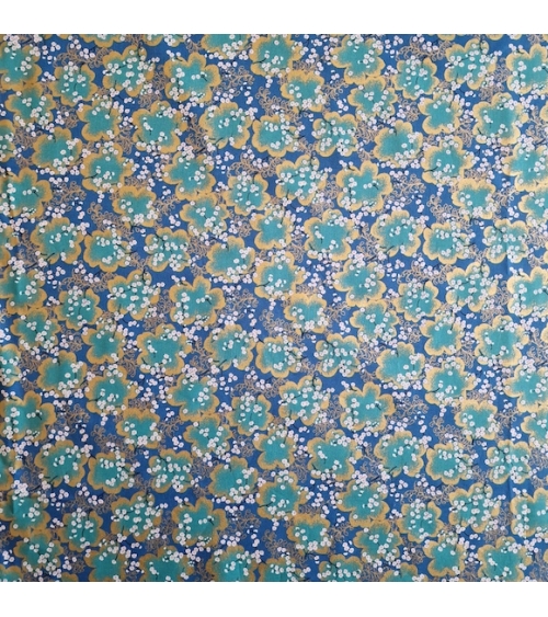 Tela japonesa "Ramas de sakura" en azul cobalto  y turquesa con detalles en oro