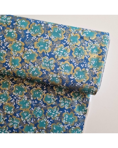 Tela japonesa "Ramas de sakura" en azul cobalto  y turquesa con detalles en oro