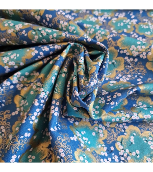 Tela japonesa "Ramas de sakura" en azul cobalto  y turquesa con detalles en oro