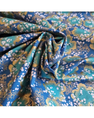 Tela japonesa "Ramas de sakura" en azul cobalto  y turquesa con detalles en oro