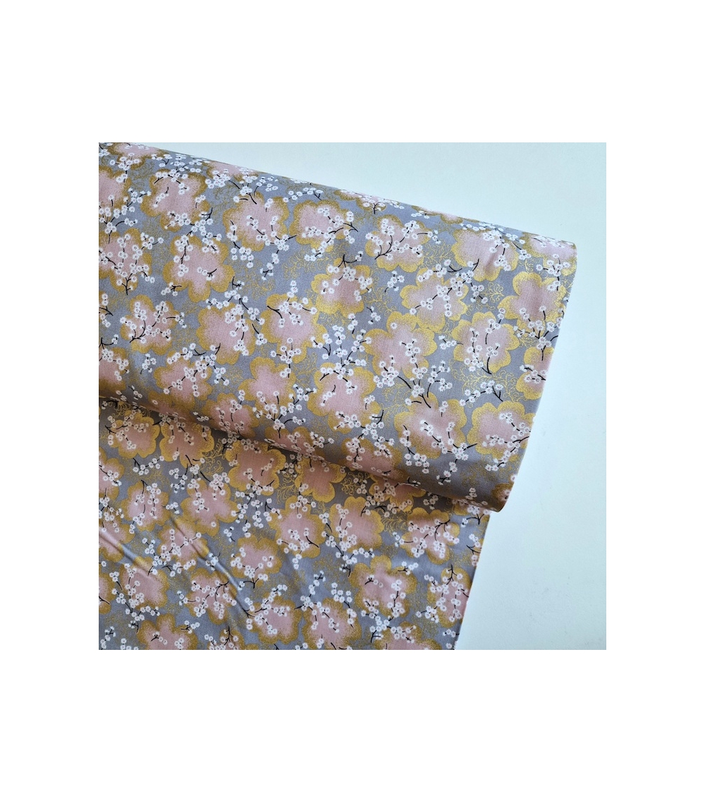 Japanese fabric ‘Sakura branches’ in grey, pink  and gold